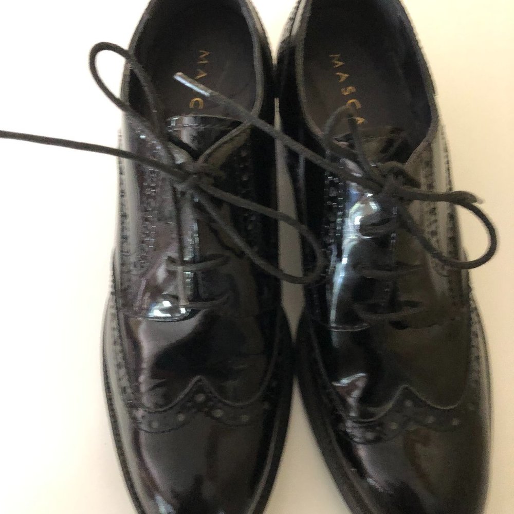 Ladies Black Patent wing tip stack heels